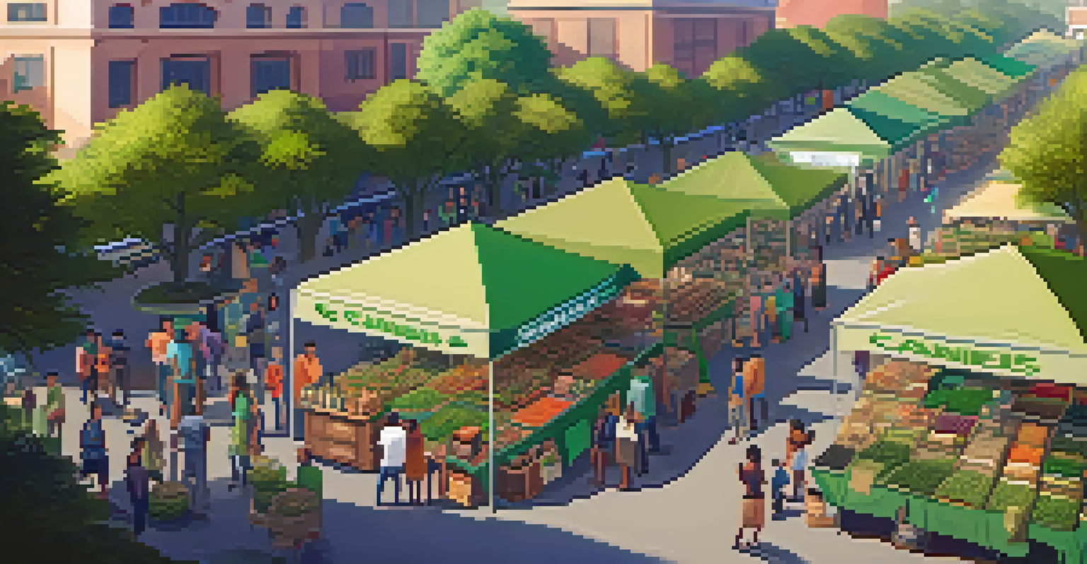 A busy outdoor cannabis market with stalls and vendors, surrounded by greenery and colorful banners.