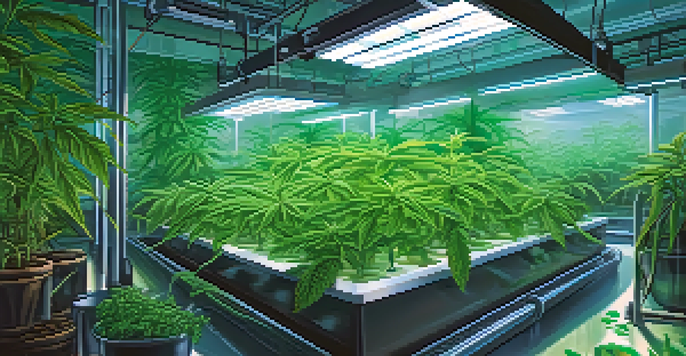 An indoor hydroponic garden with healthy cannabis plants growing in nutrient-rich water under bright LED lights, showcasing detailed leaves and roots.