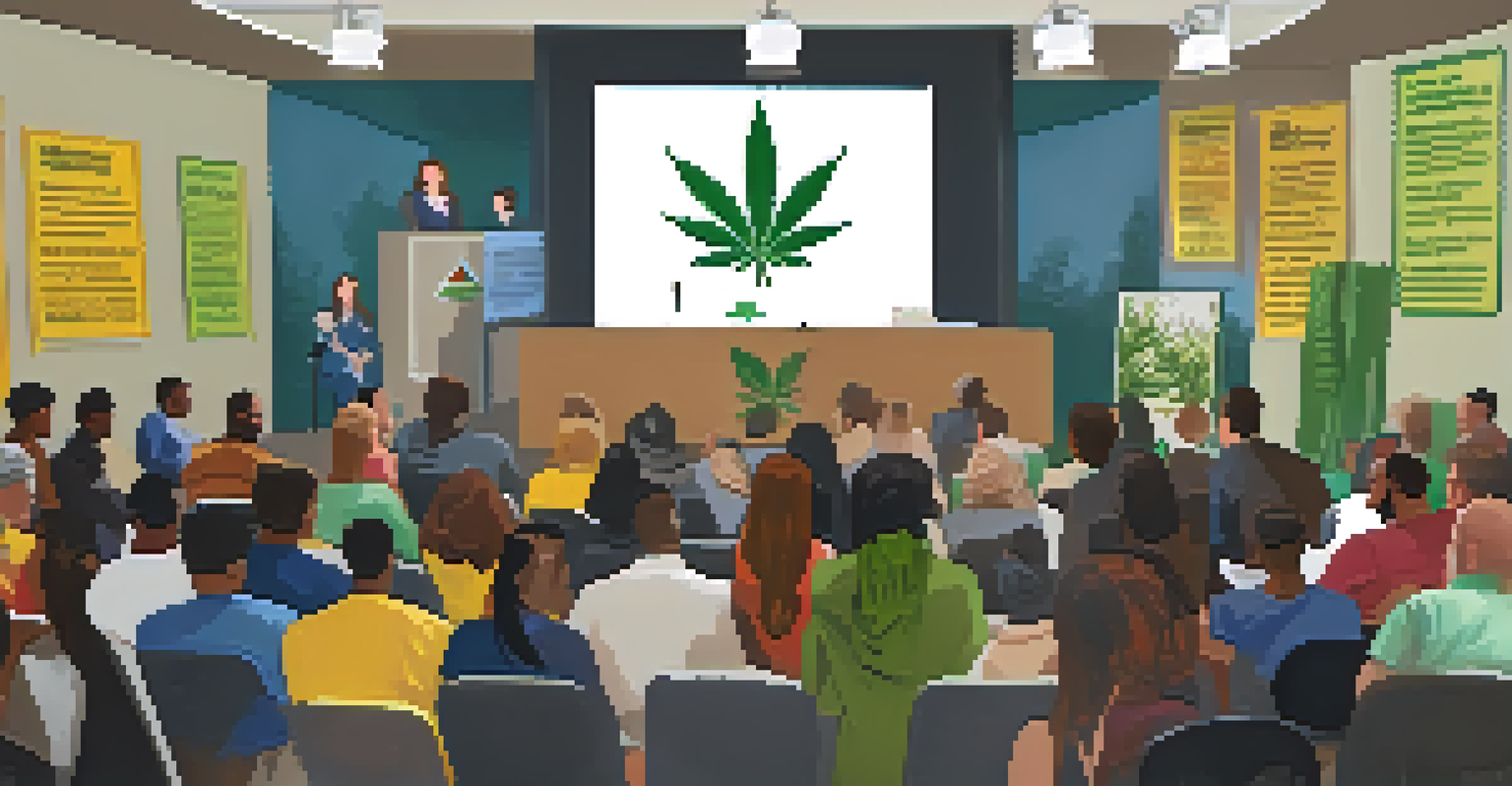 A diverse audience in a seminar about marijuana, with a speaker and educational posters in a well-lit room.