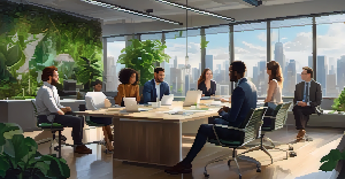 A diverse group of young professionals in a bright, modern office discussing ideas at a large table, with plants and a city skyline visible through large windows.