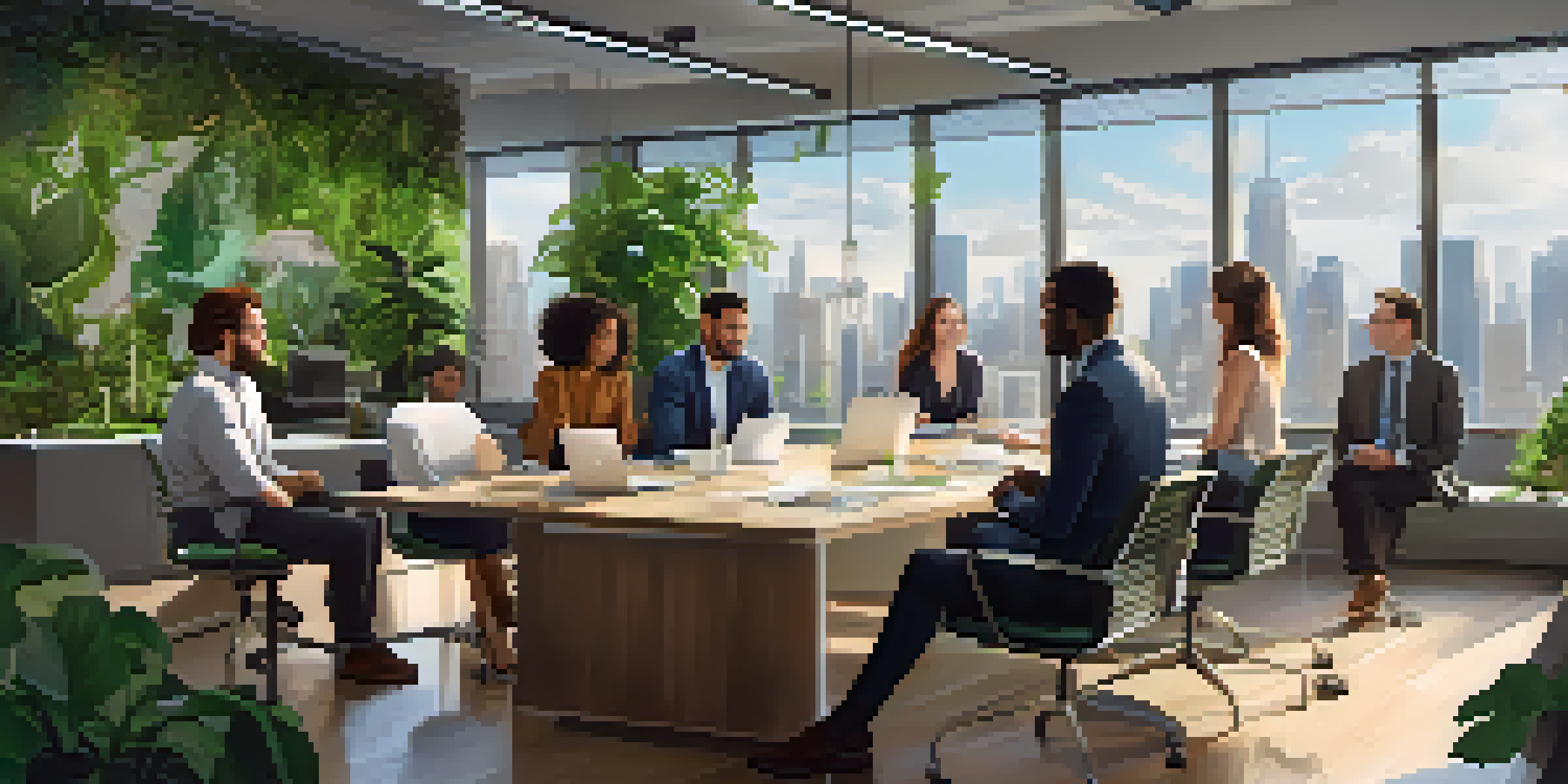 A diverse group of young professionals in a bright, modern office discussing ideas at a large table, with plants and a city skyline visible through large windows.