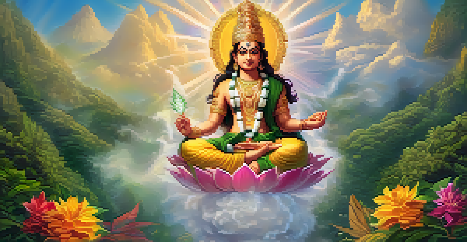 A depiction of a Hindu god surrounded by clouds and light, engaging with cannabis amidst a lush and colorful natural setting.