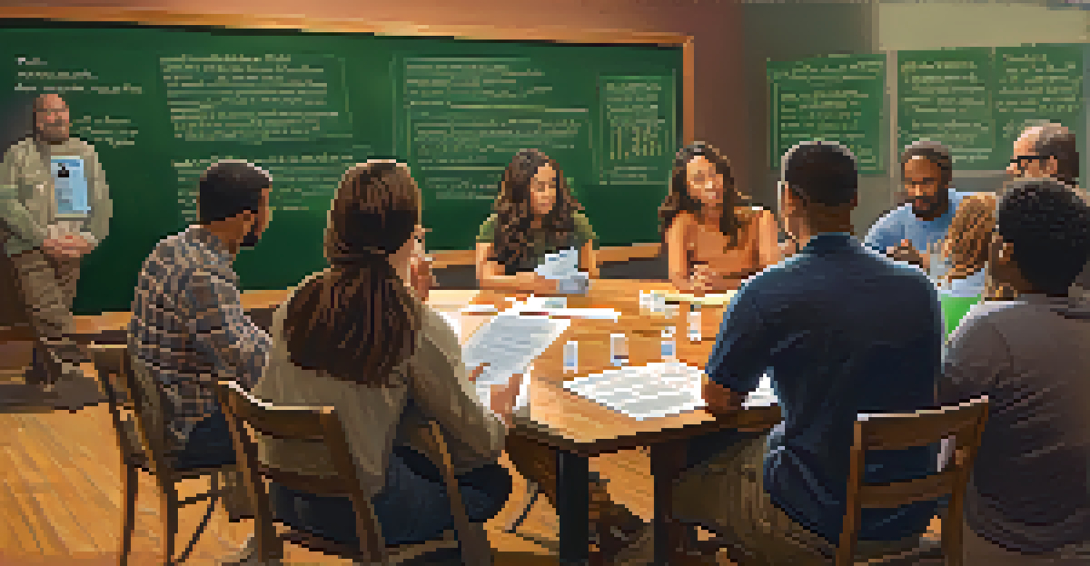 A diverse group of participants engaged in an educational workshop on marijuana legalization around a table with pamphlets.