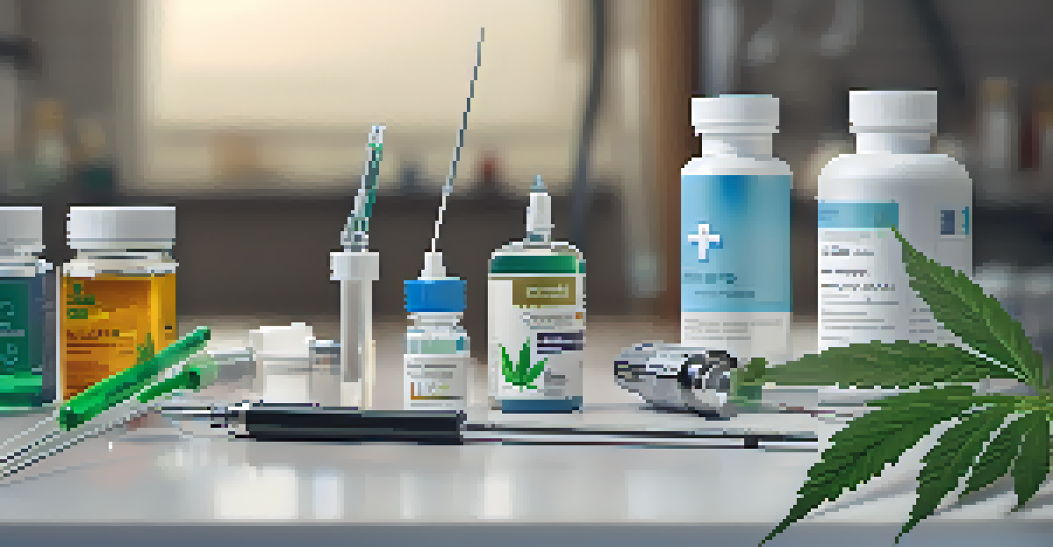 A collection of veterinary tools and cannabis products on a clinic table.