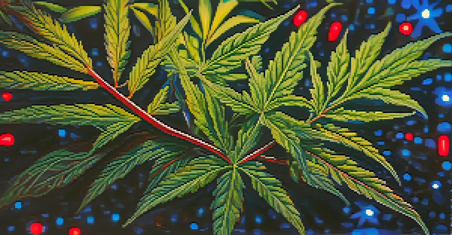 Close-up of cannabis leaves under blue and red LED lights, showcasing their health and vibrant colors.