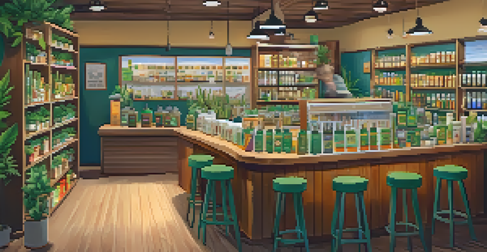 Interior of a cannabis shop with various products on shelves, warm lighting, and diverse customers interacting with staff.