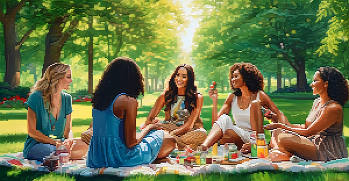 A diverse group of women having a picnic in a park, sharing cannabis-infused edibles, with trees and flowers around them.