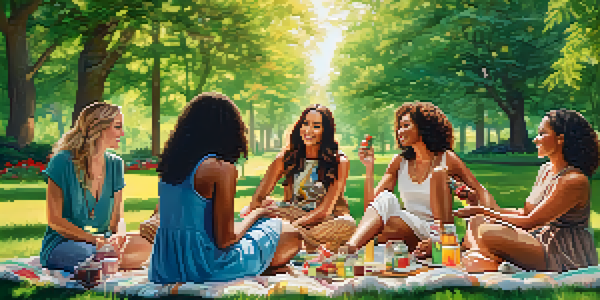 A diverse group of women having a picnic in a park, sharing cannabis-infused edibles, with trees and flowers around them.