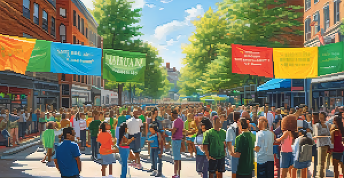 A diverse group of people gathered in a lively street discussing marijuana legalization, surrounded by colorful banners and greenery.