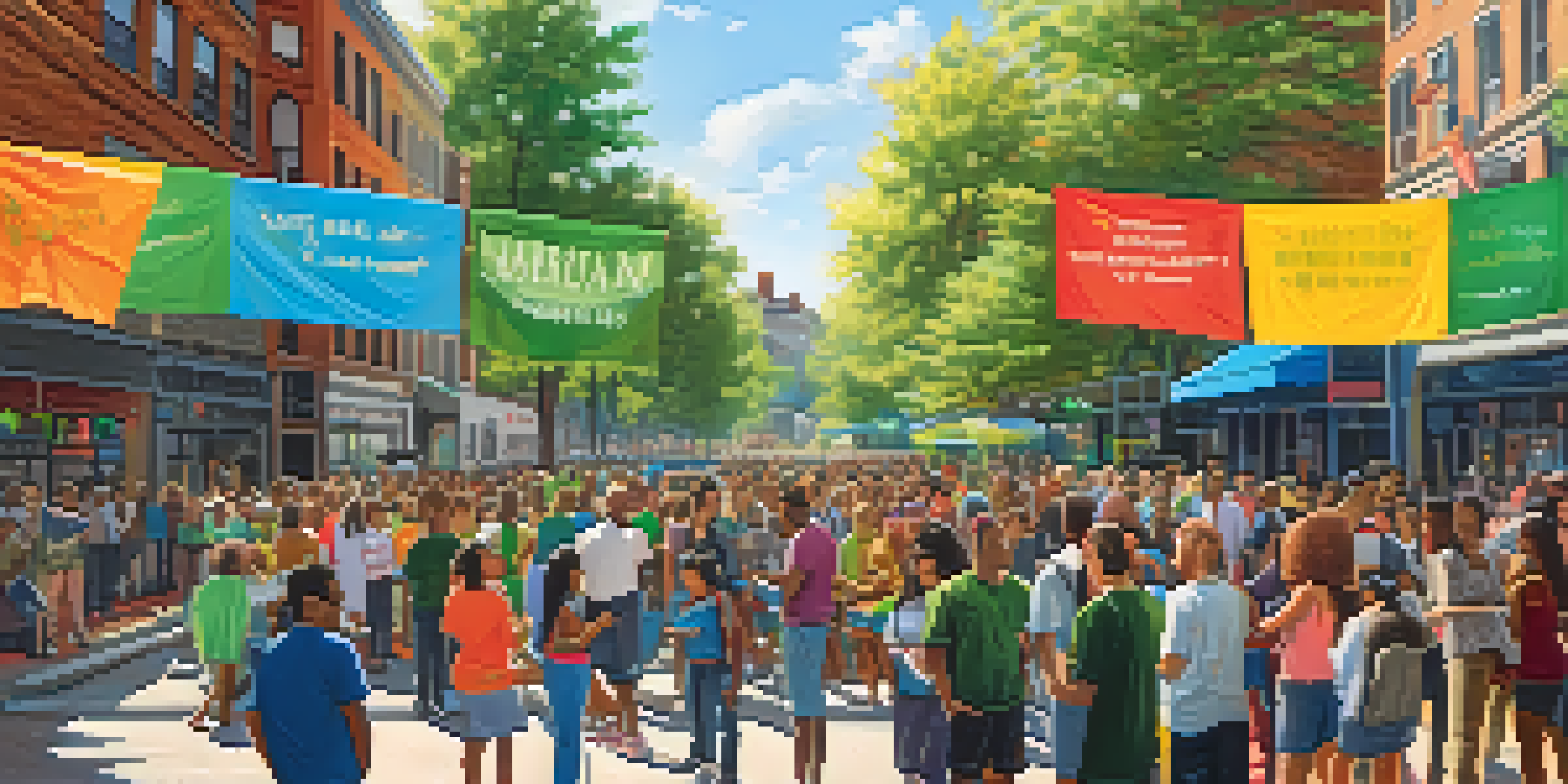 A diverse group of people gathered in a lively street discussing marijuana legalization, surrounded by colorful banners and greenery.