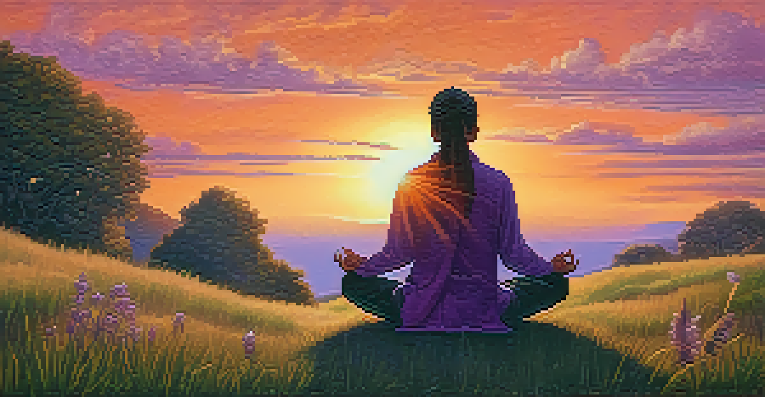 A person meditating on a grassy hill at sunset, surrounded by medicinal plants including cannabis, under a colorful sky.