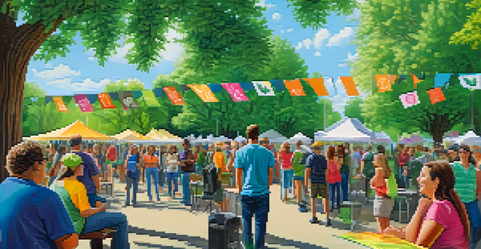 A community gathering in a park with people discussing marijuana legalization, surrounded by colorful banners and booths.