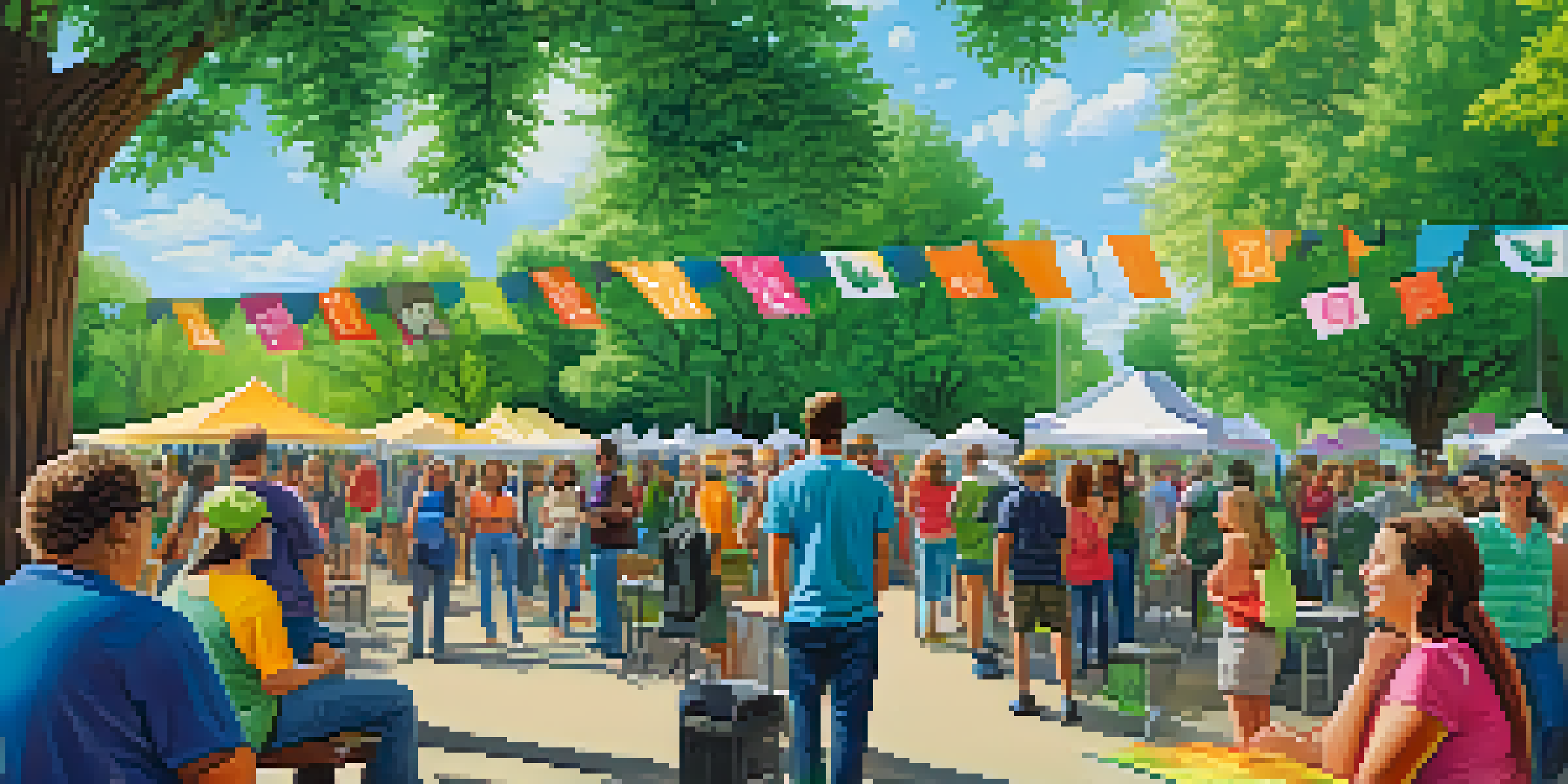 A community gathering in a park with people discussing marijuana legalization, surrounded by colorful banners and booths.