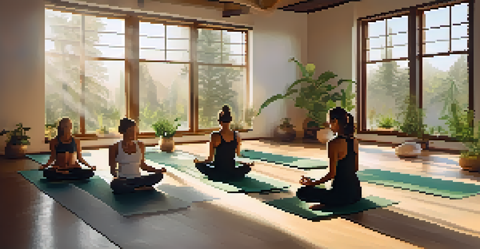 A modern yoga class with participants meditating in a tranquil setting, surrounded by cannabis plants and warm sunlight streaming through windows.