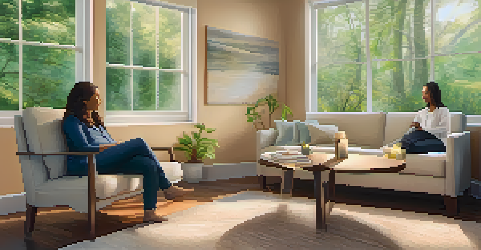 A cozy therapy room with a therapist and client having a heartfelt conversation, surrounded by calming decor and nature outside.
