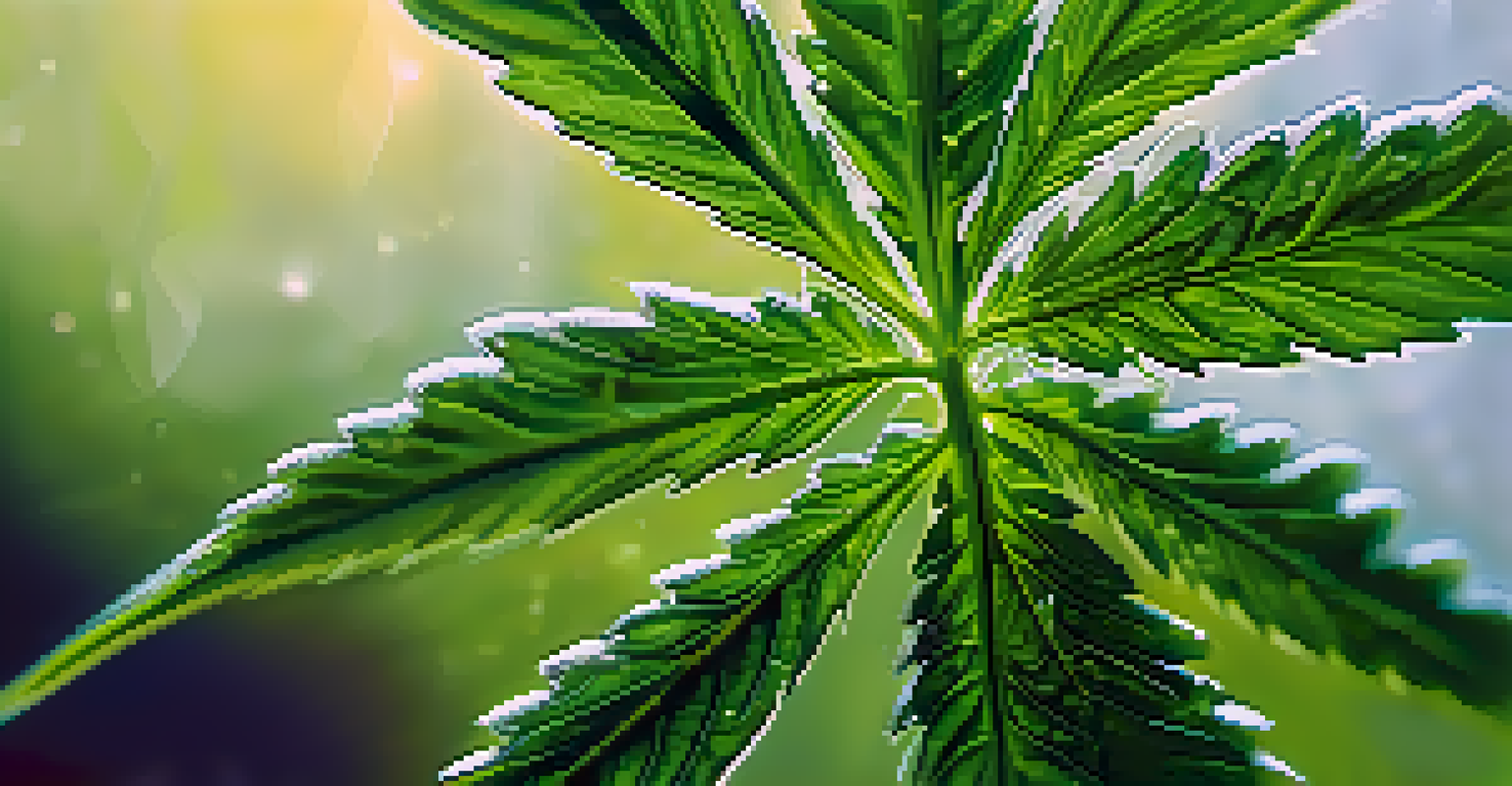A close-up of a dew-covered cannabis leaf with intricate details.