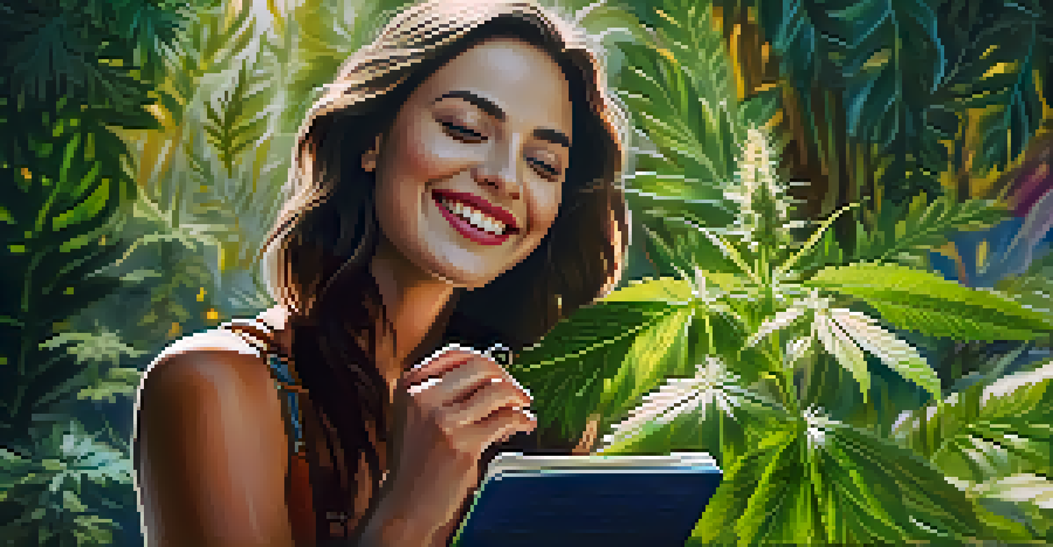 A joyful woman holding a cannabis leaf and a notebook surrounded by blooming flowers, with sunlight illuminating her smile.