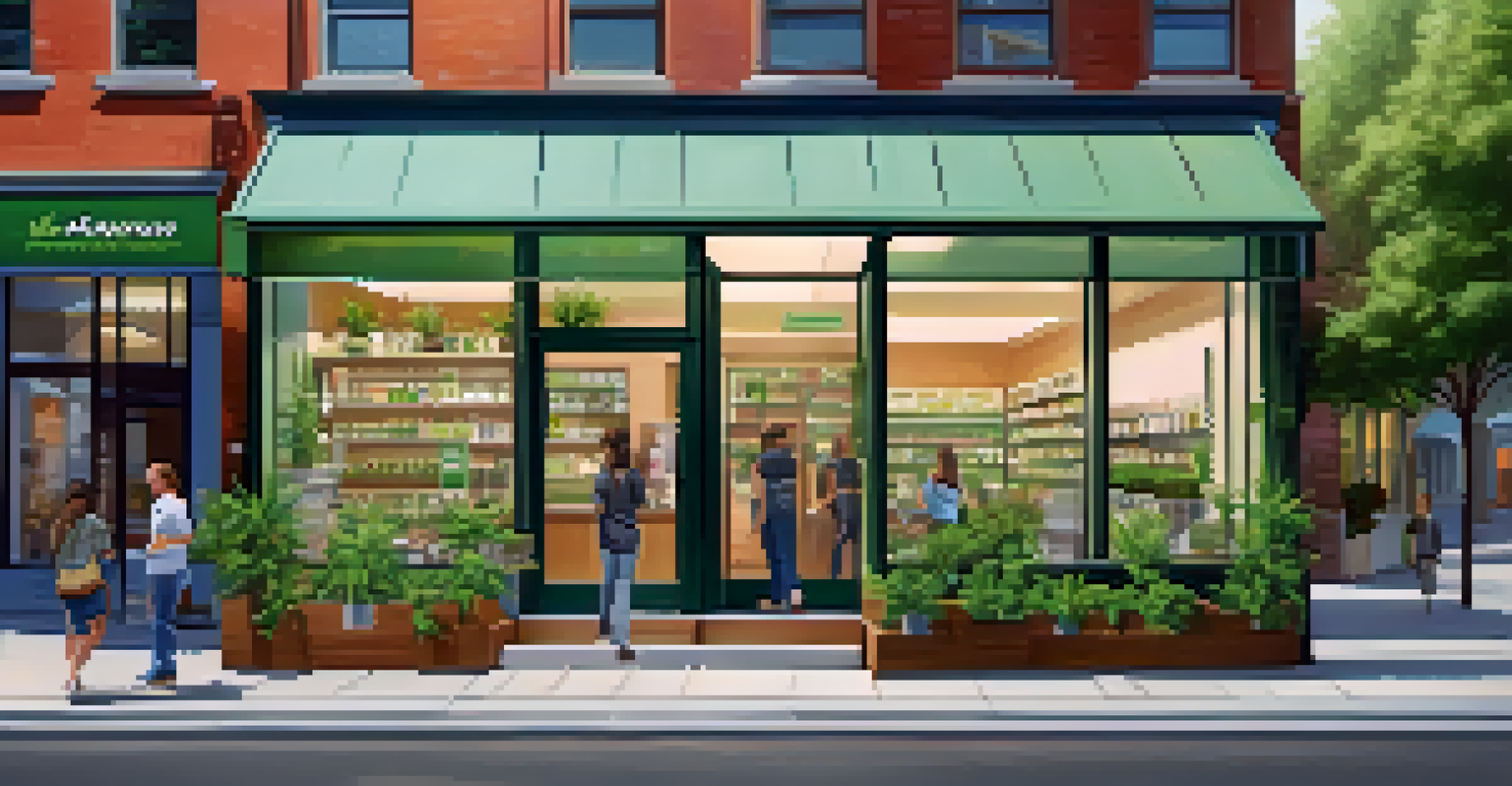 A bright and welcoming urban medical marijuana dispensary with large windows, showcasing cannabis products and friendly staff inside, with a vibrant pedestrian street outside.