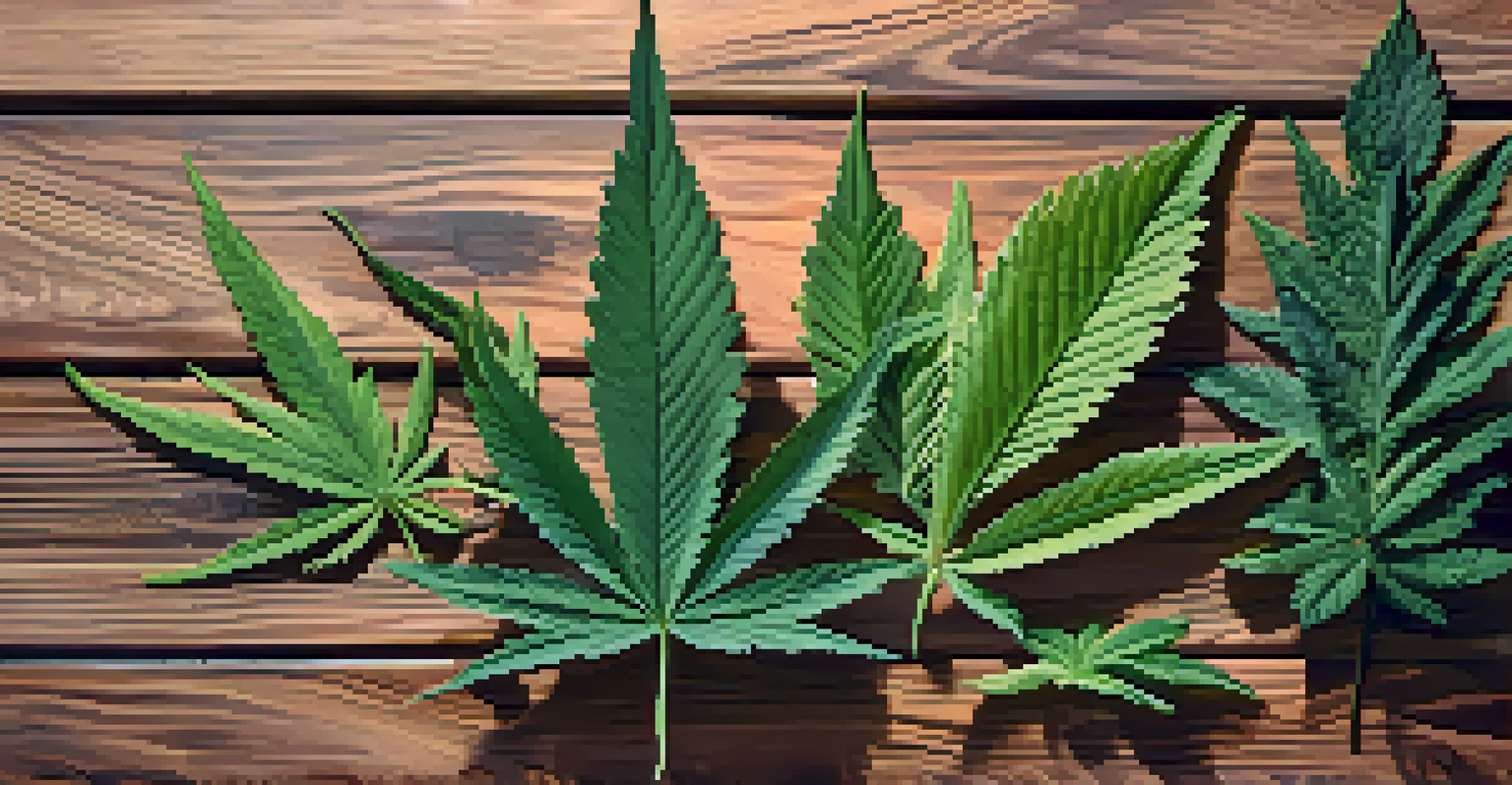 Close-up of cannabis leaves on a wooden table with natural light and shadows, showcasing their textures and colors.