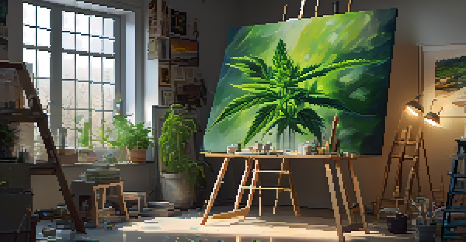 An artist's studio showcasing a cannabis plant painting surrounded by art supplies and warm lighting.