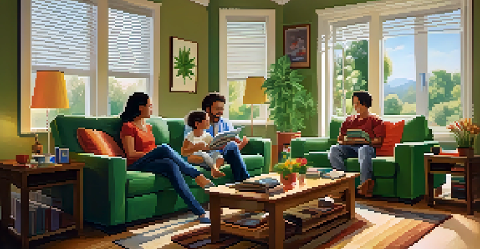 A family having an open discussion in a cozy living room about marijuana use with a book on the table.