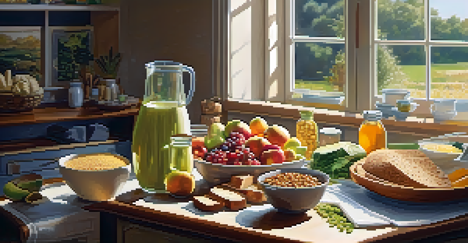A cozy kitchen table filled with healthy foods and an open cookbook, indicating meal preparation.