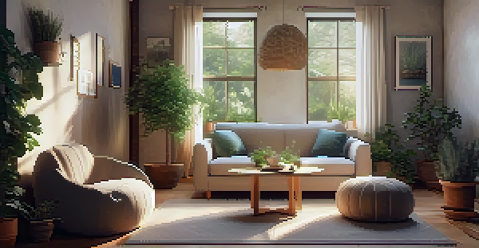 A cozy indoor corner with a beanbag chair, plants, a journal, and a steaming cup of herbal tea, illuminated by soft sunlight.