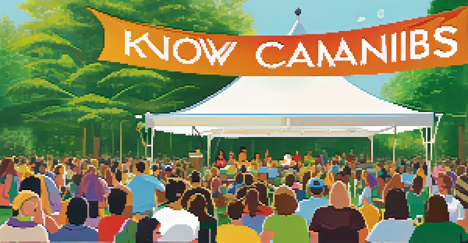 A community education event on cannabis legalization with attendees, informational tables, and a colorful banner, set in a sunny outdoor environment.