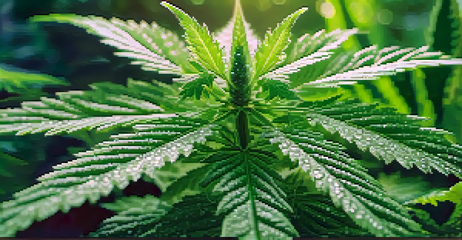 Close-up of cannabis leaves with dewdrops on them, set against a blurred natural garden background.