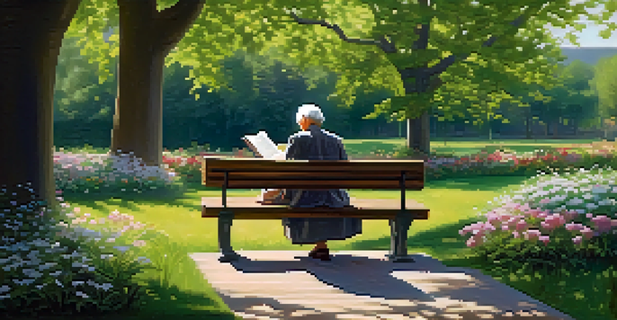 An elderly person reading a book on a wooden bench in a sunny park, surrounded by flowers and trees.