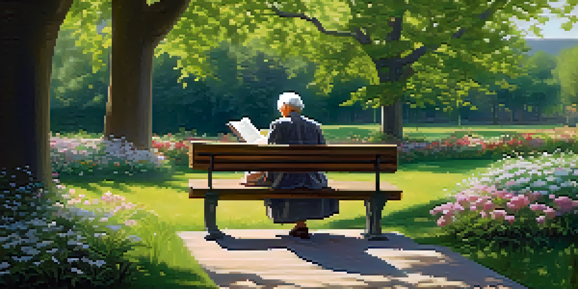 An elderly person reading a book on a wooden bench in a sunny park, surrounded by flowers and trees.