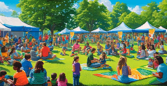 A community event in a park with families and youth learning about marijuana safety, surrounded by greenery and colorful banners.