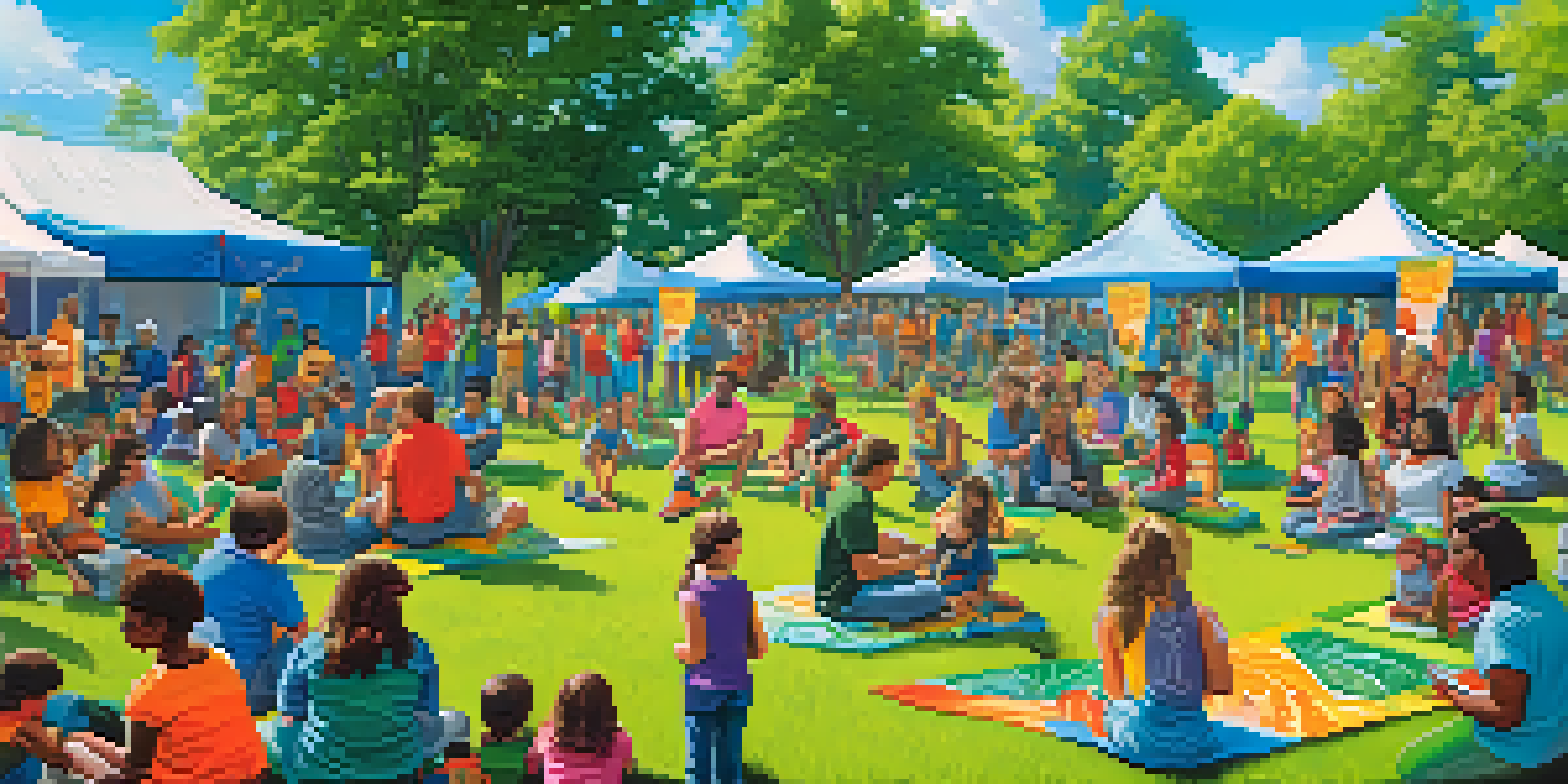 A community event in a park with families and youth learning about marijuana safety, surrounded by greenery and colorful banners.
