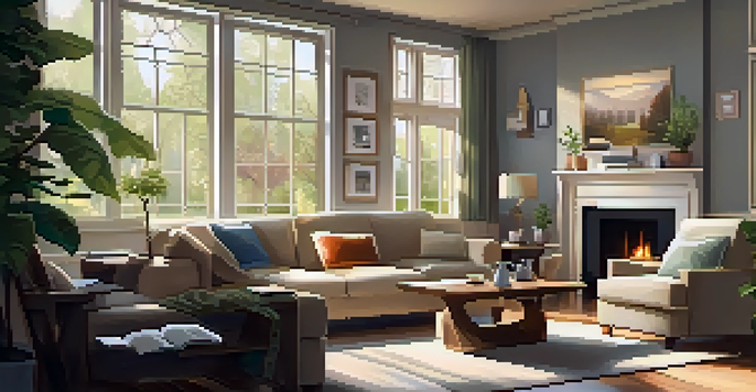 A cozy living room with soft lighting, a sofa, family photos on the walls, and a coffee table with a book and tea, overlooking a peaceful garden.