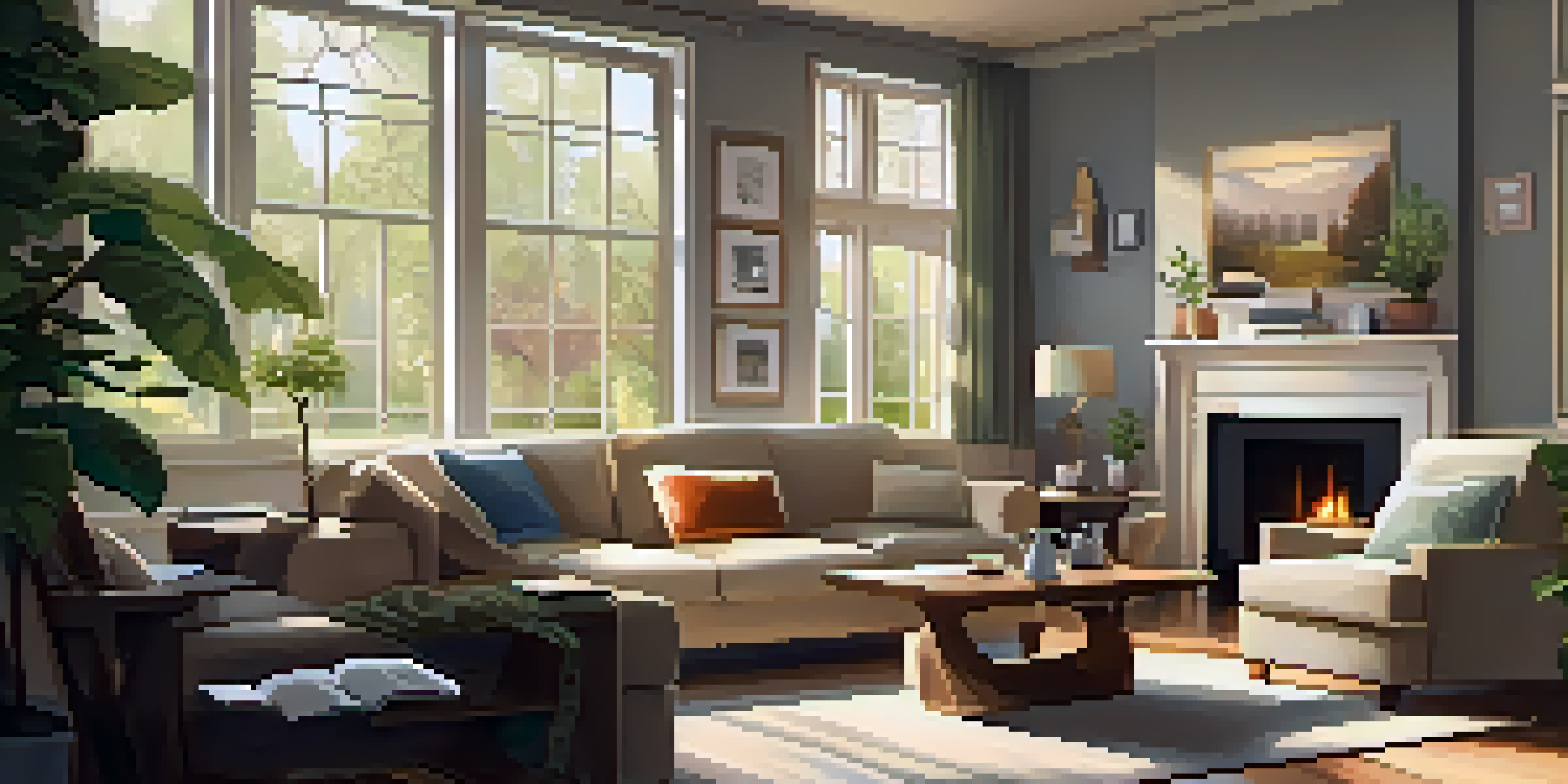 A cozy living room with soft lighting, a sofa, family photos on the walls, and a coffee table with a book and tea, overlooking a peaceful garden.