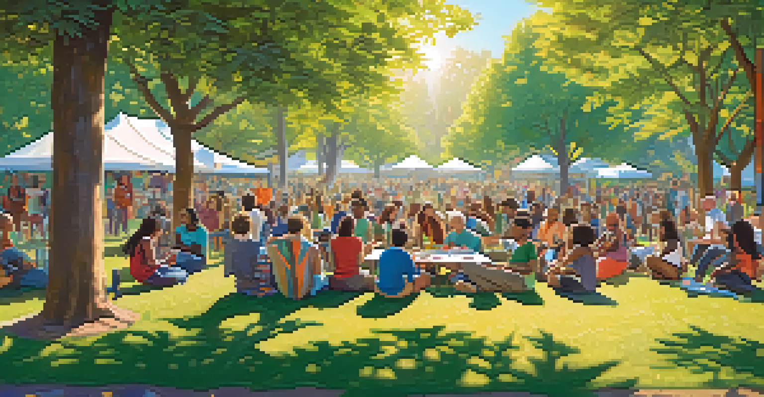 A diverse group of people gathered in a park discussing marijuana legalization, with colorful banners and blooming flowers.
