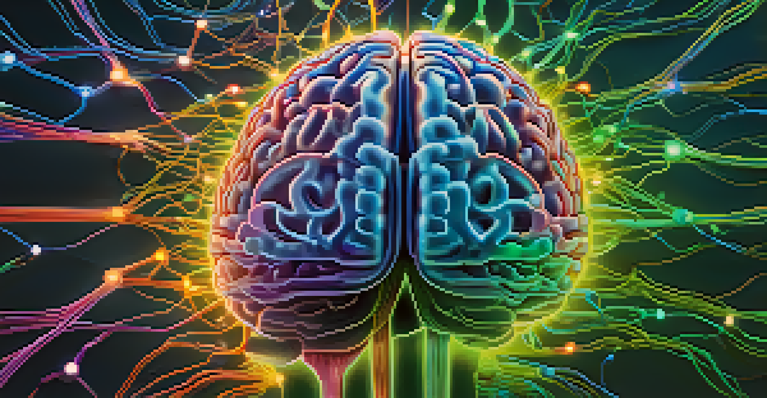 An abstract image of a brain with colorful neural pathways illuminated, set against a blue and green gradient background, representing wellness.