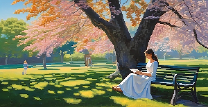 A woman reading a book on a park bench surrounded by flowers and trees under a blue sky.