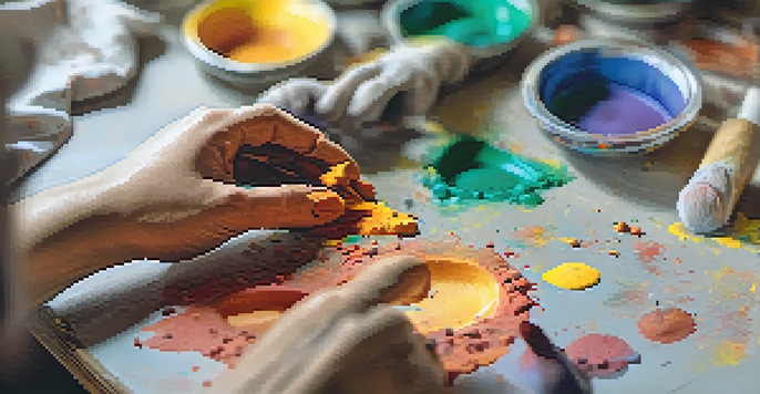 Close-up of hands shaping clay with vibrant paint colors in the background.