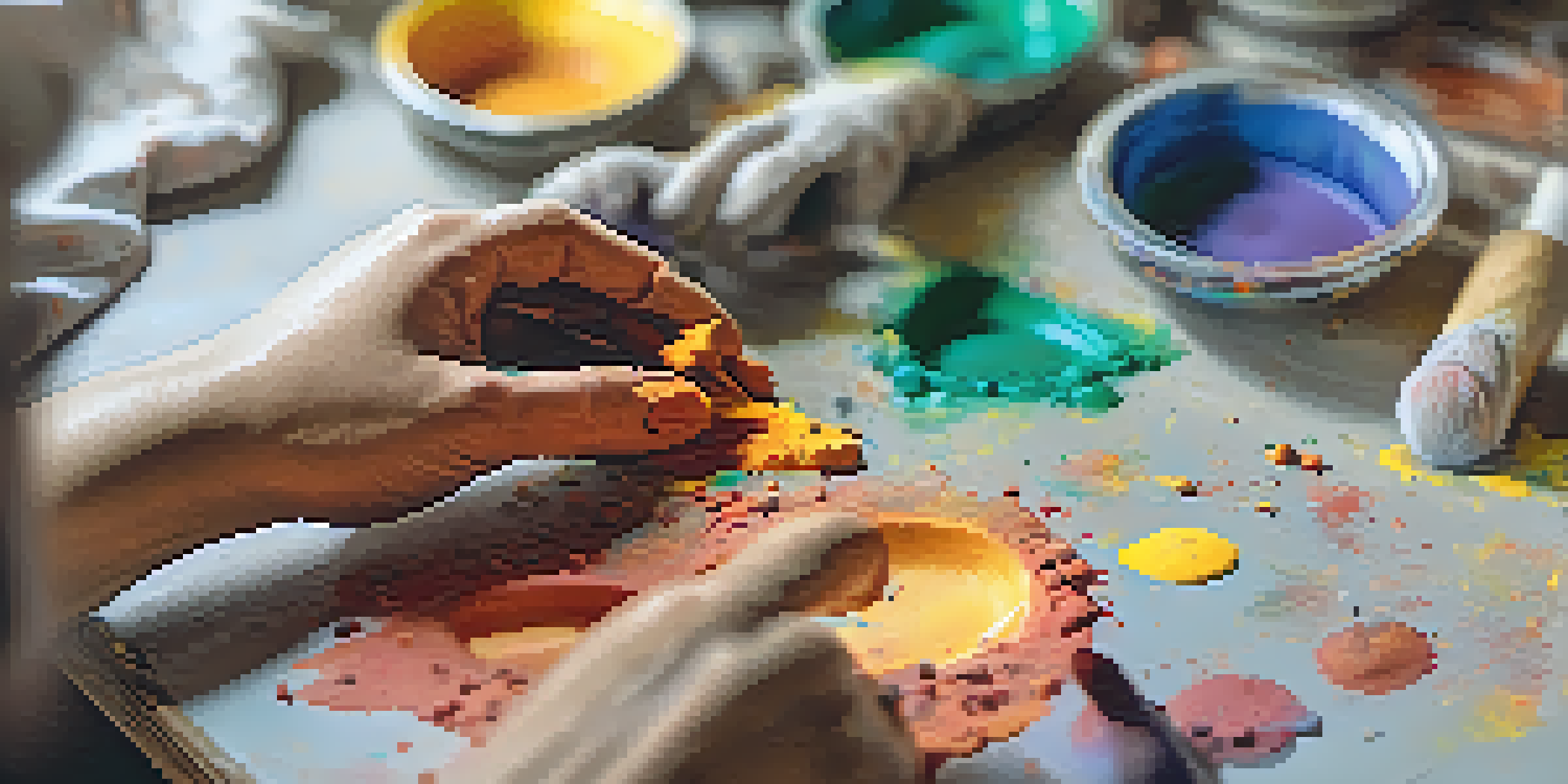 Close-up of hands shaping clay with vibrant paint colors in the background.