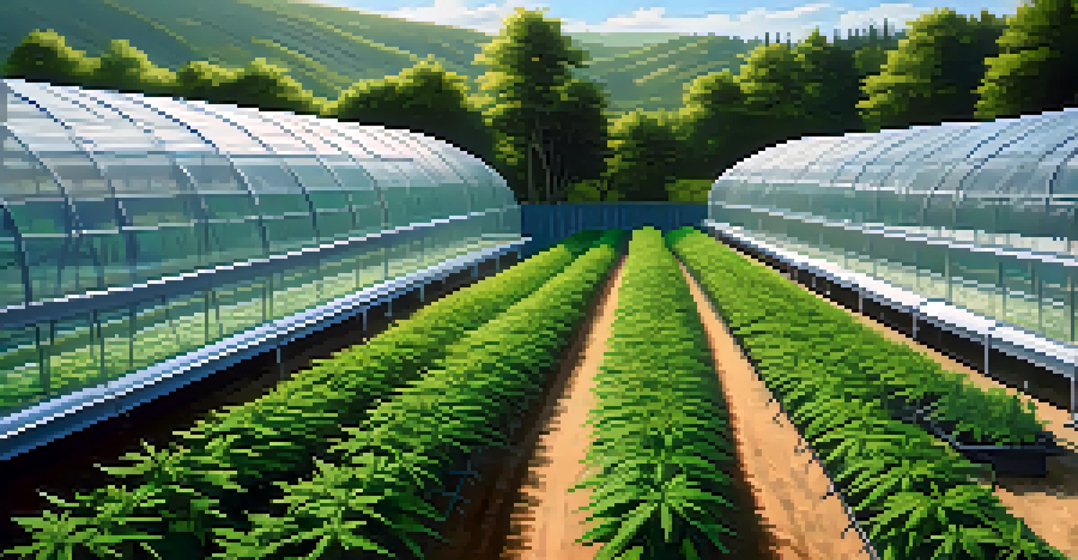 A vibrant outdoor marijuana farm with rows of plants under a clear blue sky and a rainwater collection system in the background.