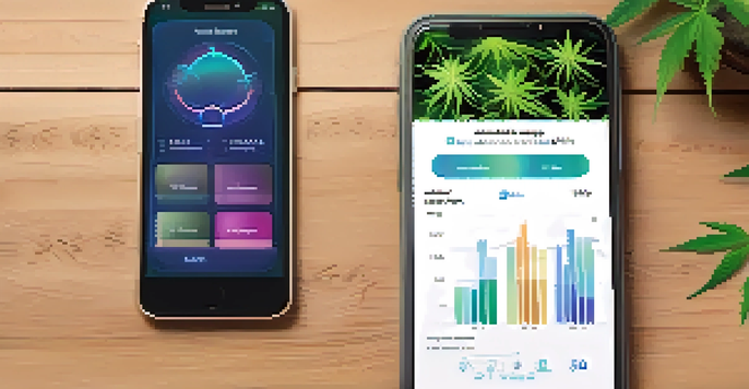 A smartphone on a wooden table displaying a colorful cannabis tracking app interface, with a small potted cannabis plant in the background.