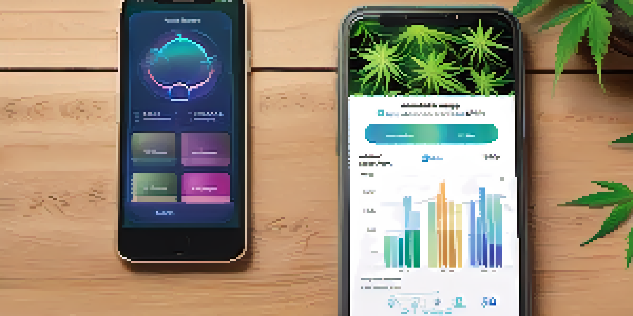 A smartphone on a wooden table displaying a colorful cannabis tracking app interface, with a small potted cannabis plant in the background.