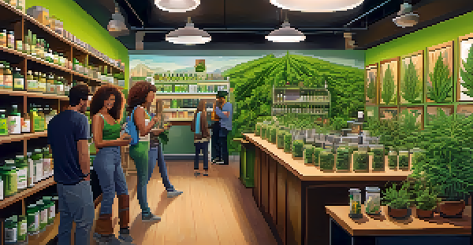 An interior view of a busy cannabis dispensary with shelves of products and customers interacting, illuminated by soft lighting.