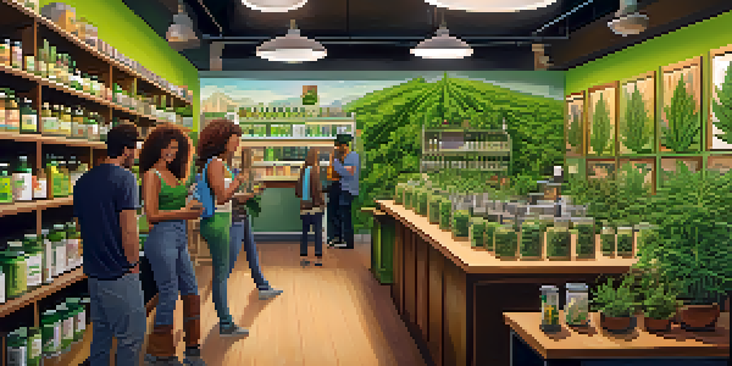An interior view of a busy cannabis dispensary with shelves of products and customers interacting, illuminated by soft lighting.