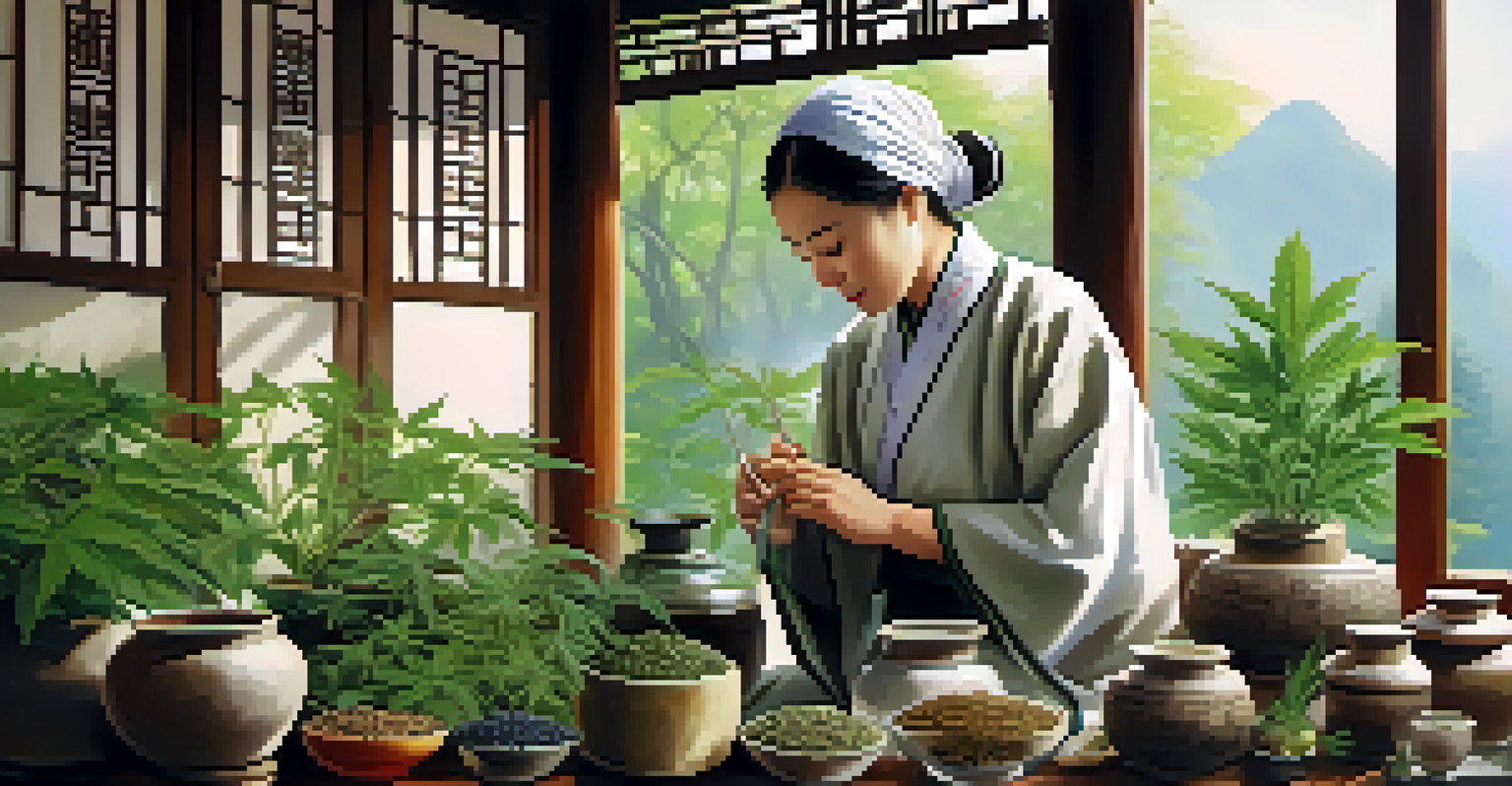 A TCM practitioner preparing herbal remedies with cannabis in a serene setting.