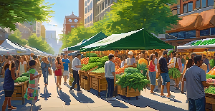 A lively street market with cannabis products and vendors, colorful banners, and people interacting, under a sunny sky.