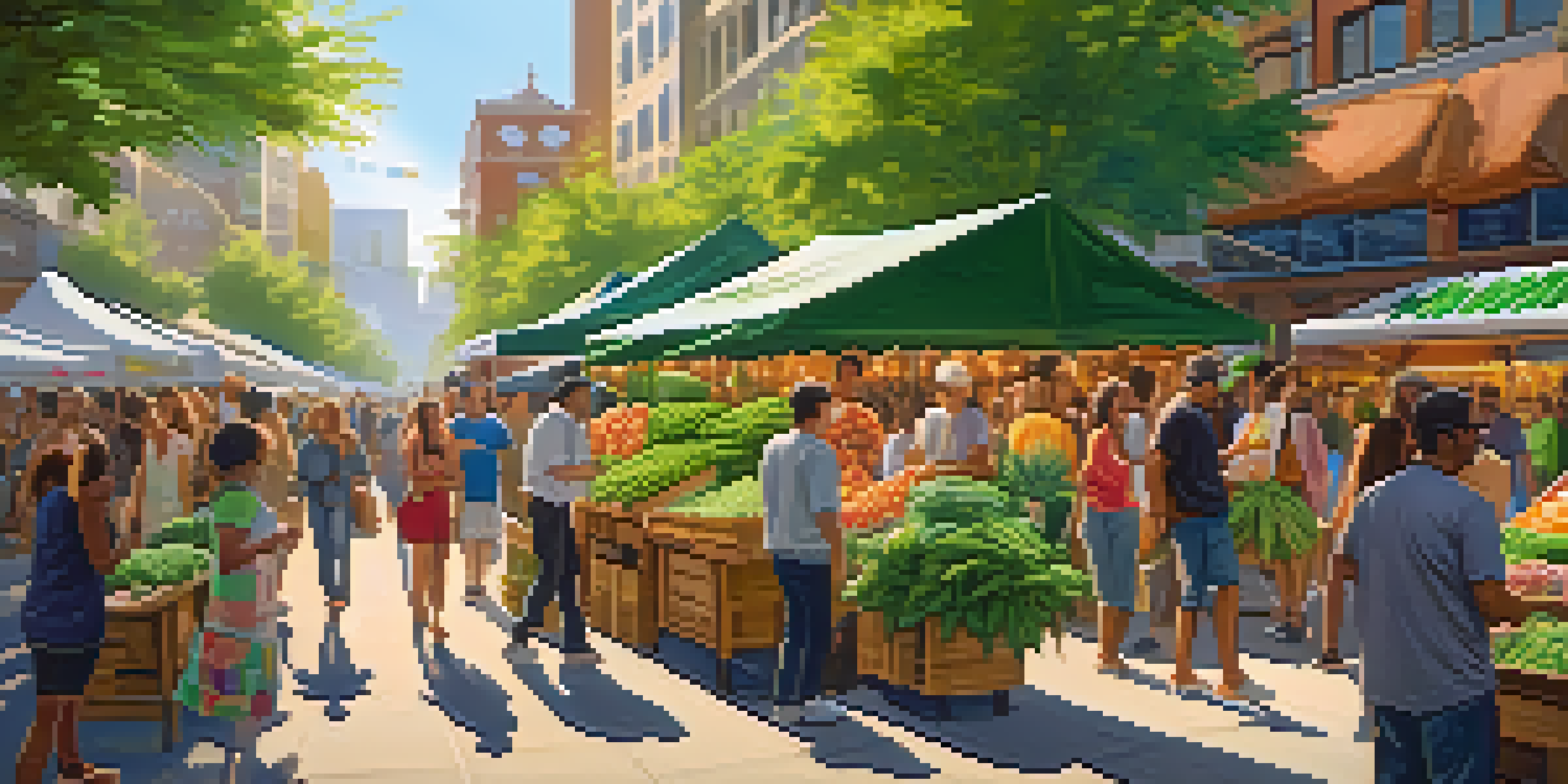 A lively street market with cannabis products and vendors, colorful banners, and people interacting, under a sunny sky.