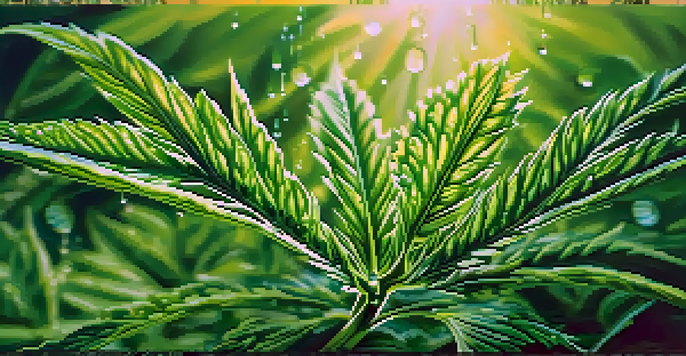 A close-up of a cannabis plant with detailed leaves and water droplets, illuminated by soft sunlight.