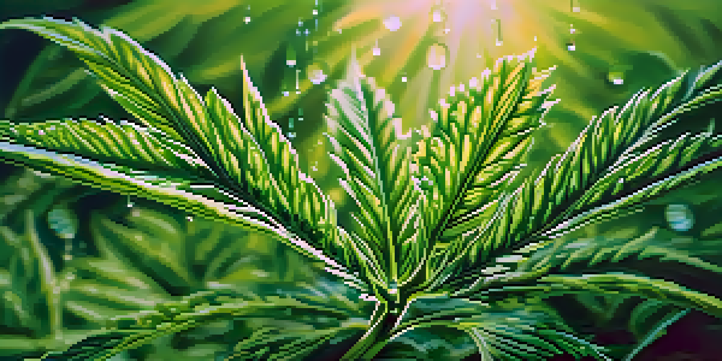 A close-up of a cannabis plant with detailed leaves and water droplets, illuminated by soft sunlight.